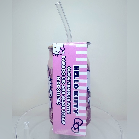Baby Pink Hello Kitty Glass Tumbler with Bamboo Lid and Glass Straw - Picture 2 of 4